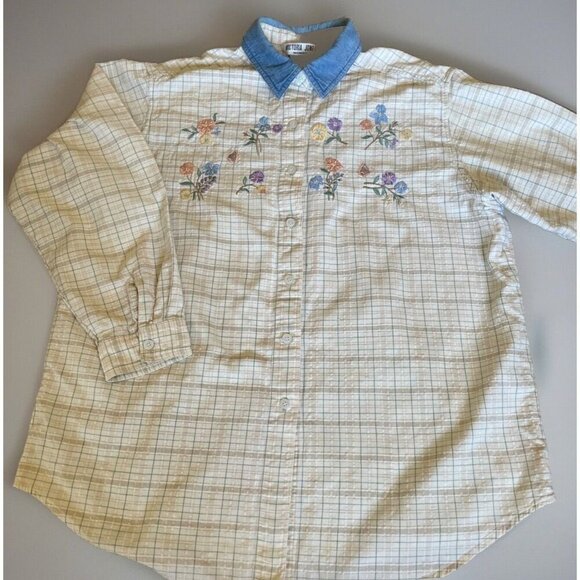 VTG 90s VICTORIA JONES Floral Embroidered Cotton Shirt Womans 20W Textured Plaid - Picture 1 of 11